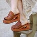 Vintage Platform Sandals Shoes 70's Rustic Brown Leather Wood Sole, Hole in Heel
