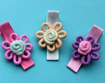 Rope Flower Hair Clips - Trio of Rope Flower Hair Clips - No Slip Grip