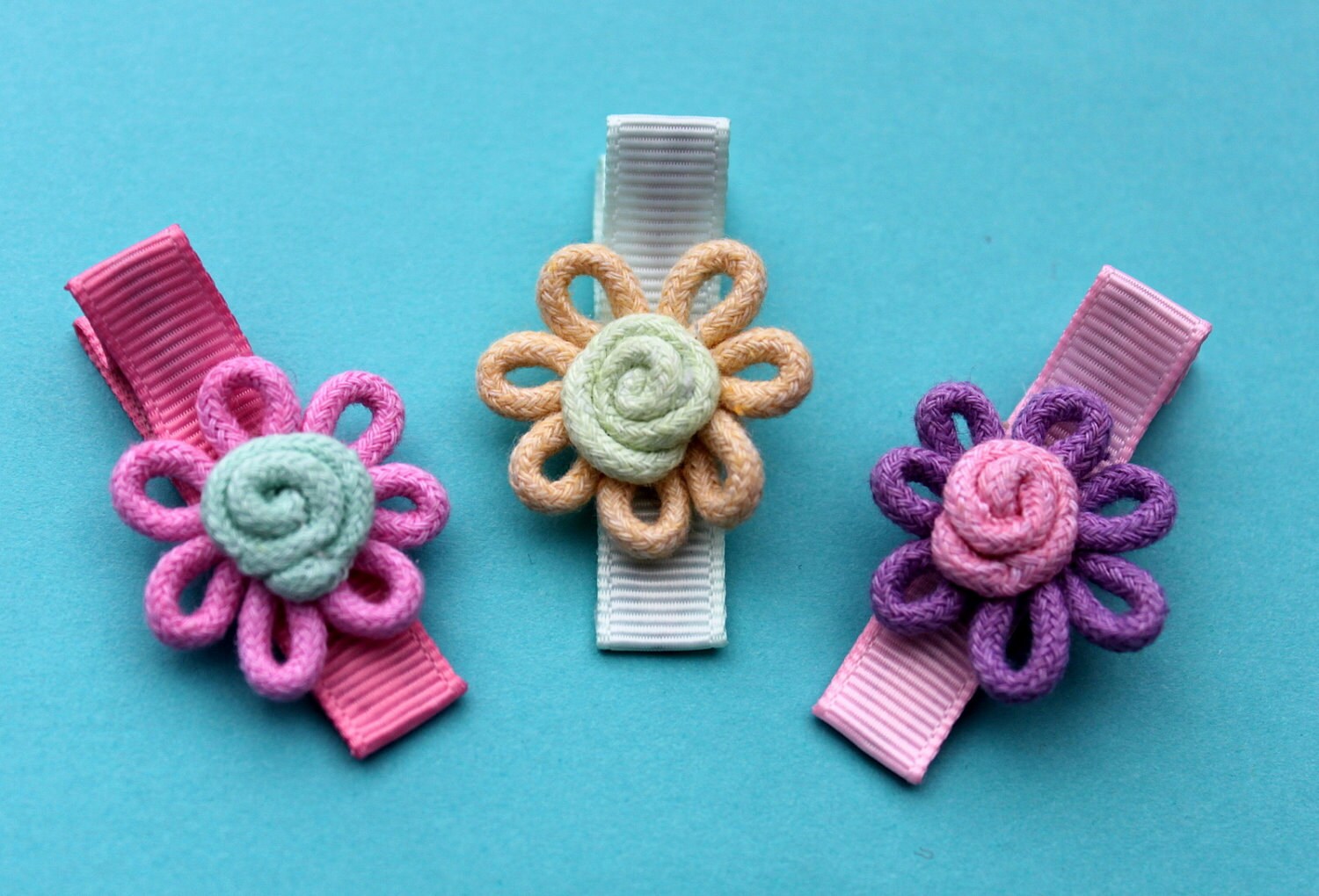 Rope Flower Hair Clips Trio of Rope Flower Hair Clips No