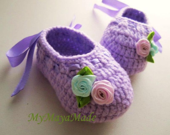 Items similar to Ribbon Roses Purple Crochet Baby Booties - Ready to ...