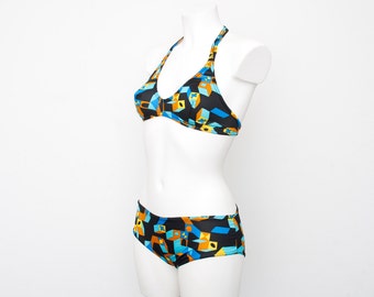 NOS Vintage bikini Size S black multicolor geometric 70s