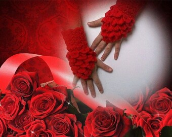 Crocodile Stitch Red Gauntlets-Fingerless Gloves-READY TO SHIP-Knitting Arm warmers, fingerless gloves, arm cuffs