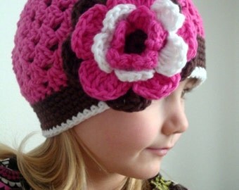 Crochet girl hat, hot pink beanie hat with flower for girl (Any sizes)