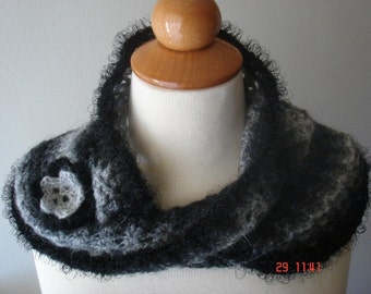 CLEARANCE Sale Moebius Infinity Cowl Neckwarmer Black White with a Flower