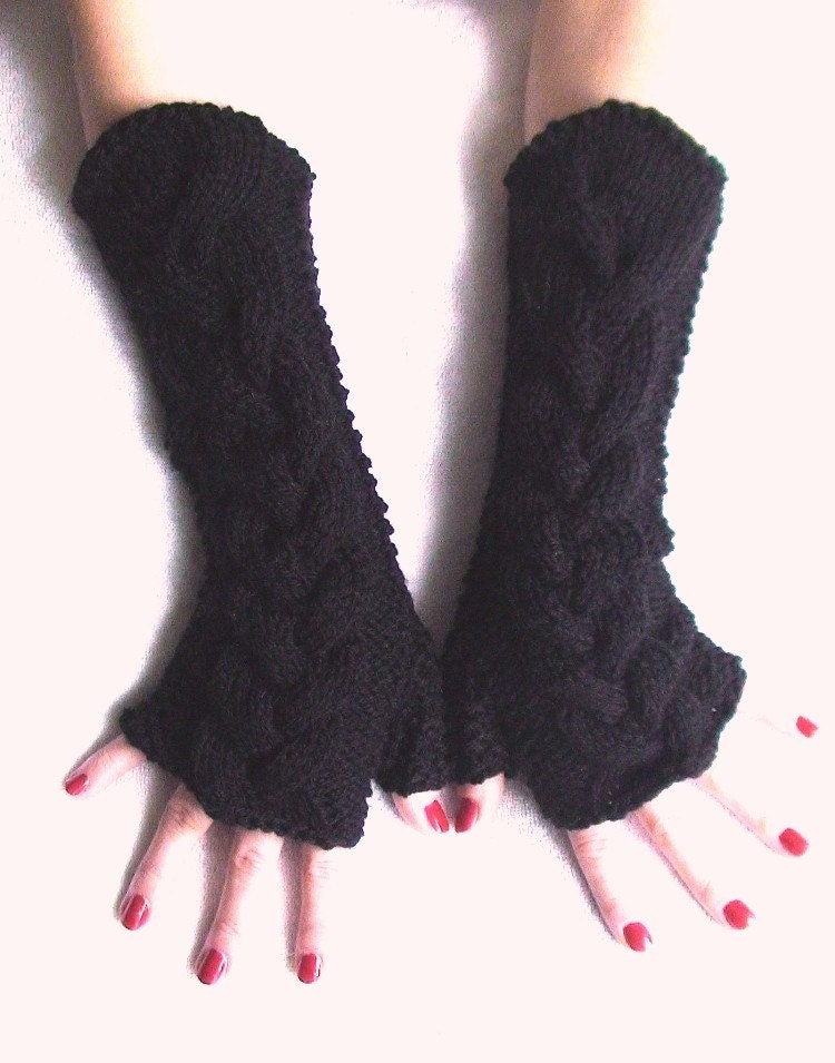 Black Fingerless Gloves / Wrist Warmers Cabled Acrylic Extra