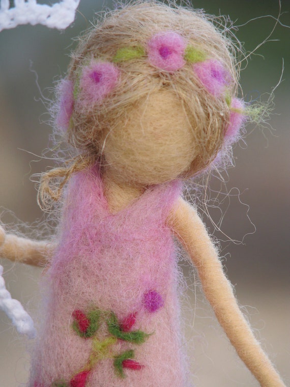 Needle felted girl with crochet umbrella and basket