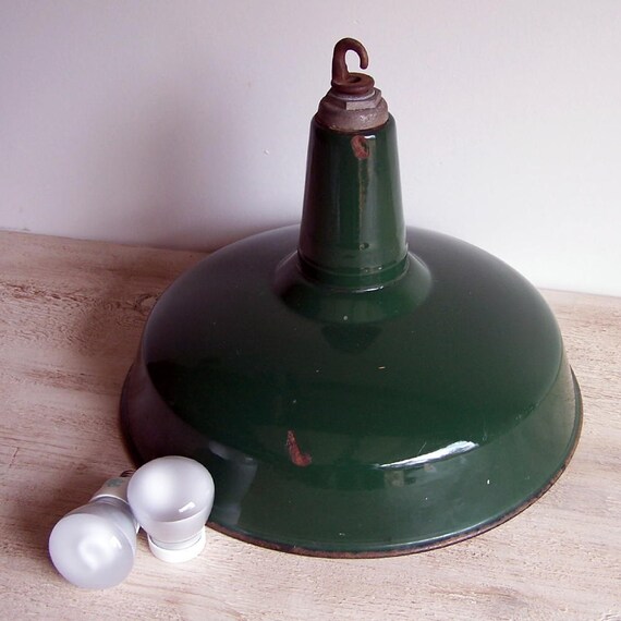 Vintage Industrial Green Enamel Light Shade by OldTimePickers