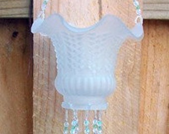 Vintage Fluted Glass Lampshade Repurposed and Upcycled into a Windchime with Light Green Stained Glass Chimes