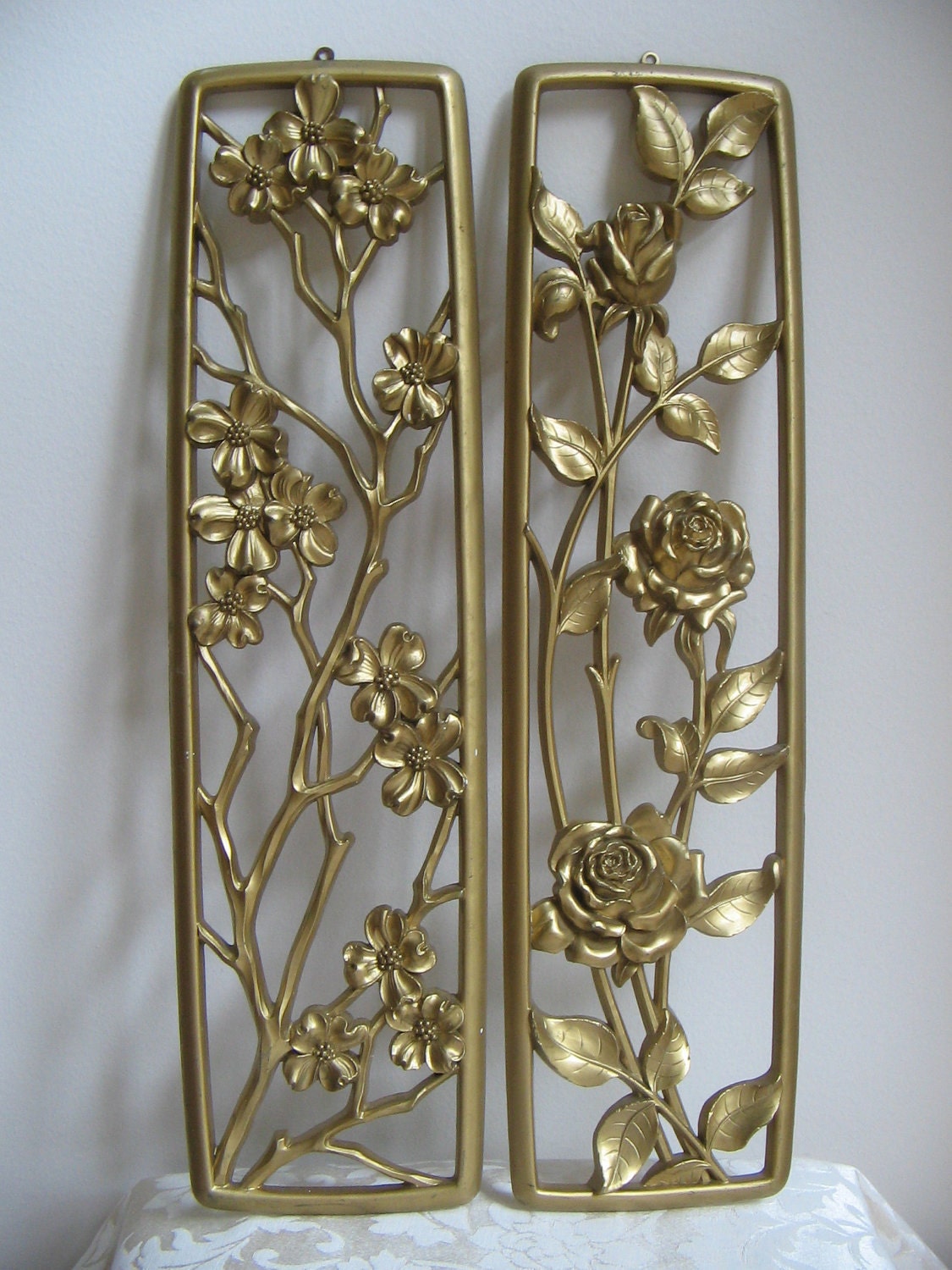 Vintage Gold Floral Plaques Wall Art Mid Century Dart