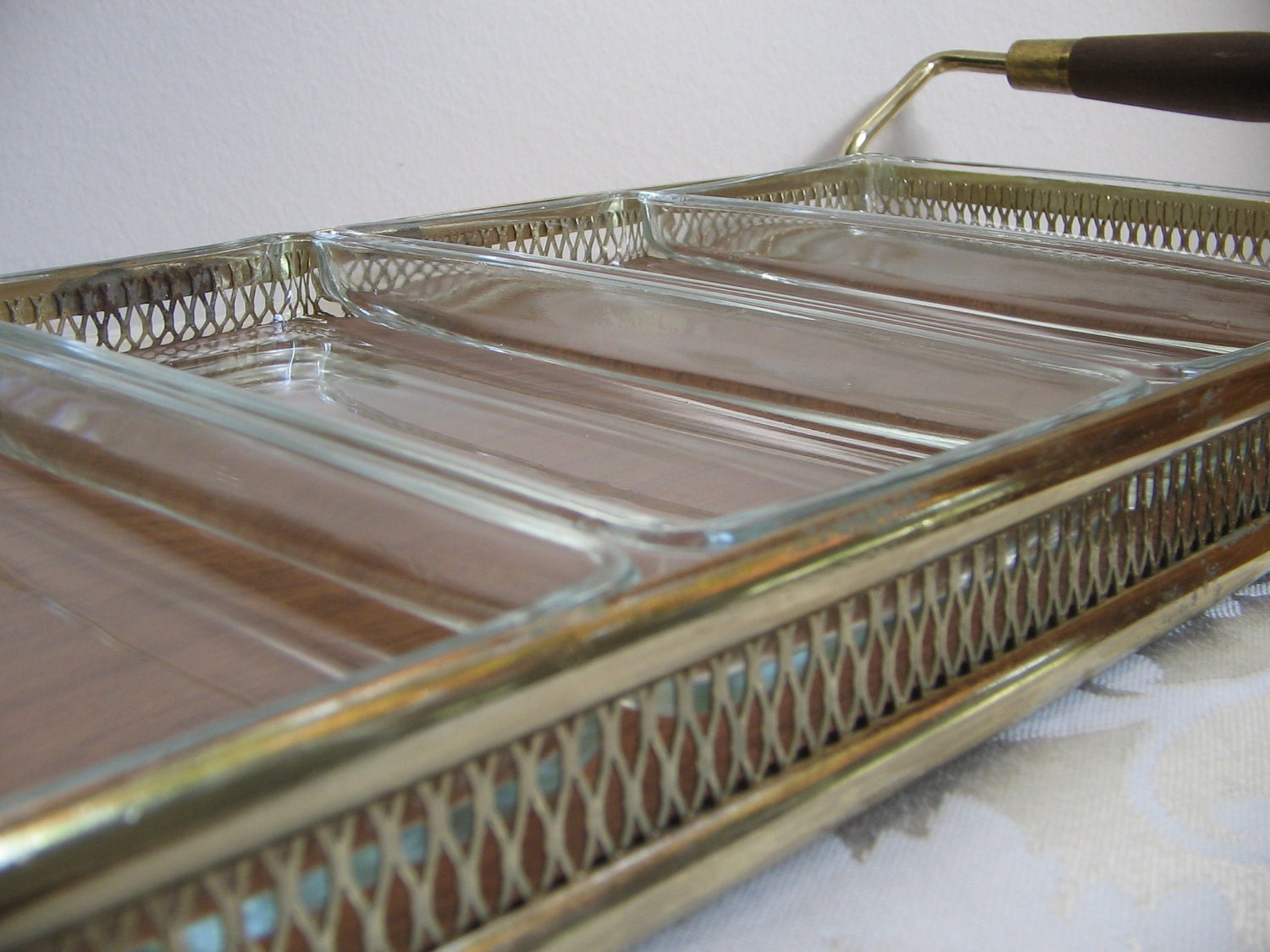 Mid Century Modern Serving Tray Buffet Server Metal Glass Wood