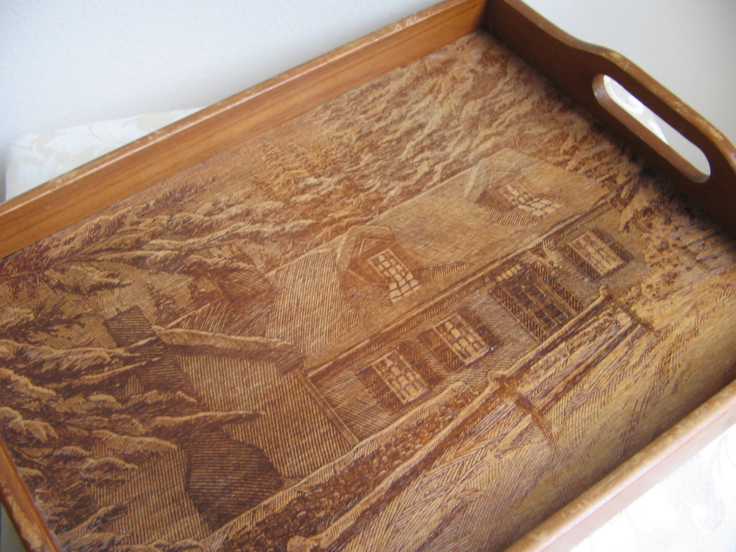 Vintage Wood Serving Tray Rustic Cabin Woodlands Winter Scene