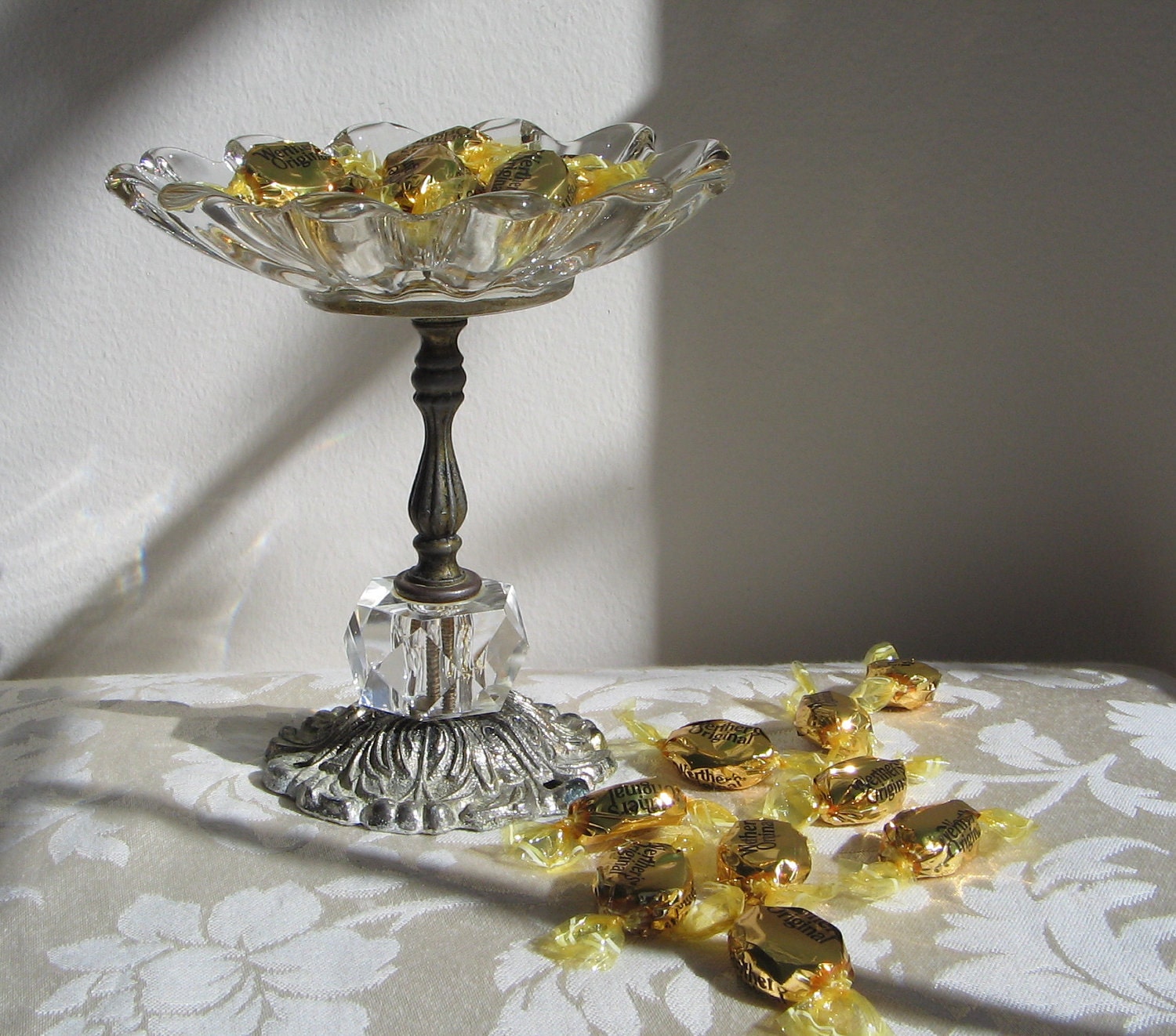 Vintage Ornate Pedestal Dish Glass Metal Lucite FABULOUS