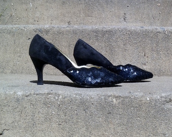 Vintage 1980's High Lights Black Sequined Heels Women's Shoe Size 6