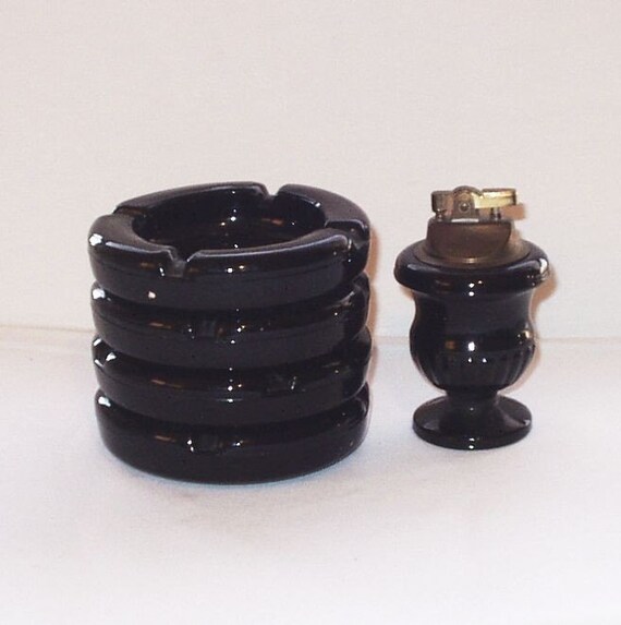 Vintage Tiara Black Glass Ashtray Urn Lighter Set Tiara