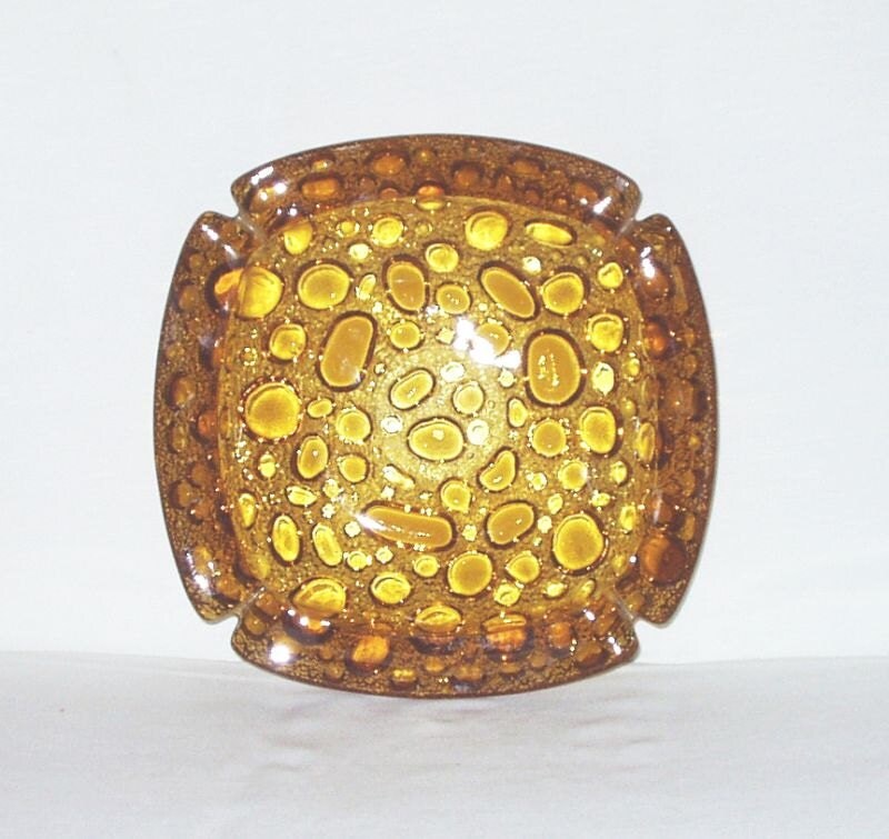 Vintage Blenko Glass Ashtray Amber Glass Pebble Glass Bubble