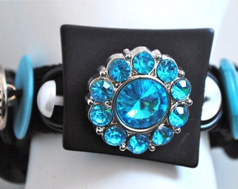 Turquoise Button Bracelet/OOAK/Charm Bracelet/Statement Bracelet/Black/Silver/Pearl/Gift For Her/Expandable/Under 50 USD