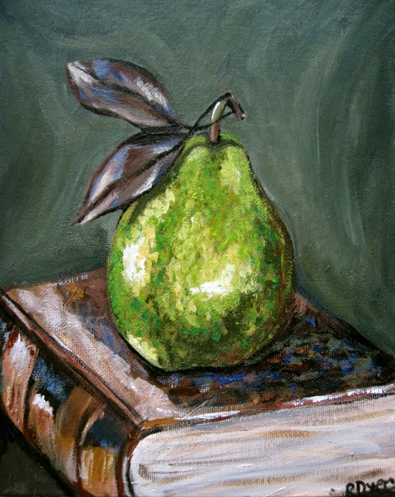 Original acrylic painting Pear on a Book by rachelledyer on Etsy