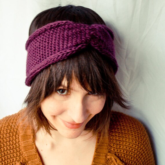 Knit Headband Turban Cinched Headwrap Plum Purple by NeekaKnits