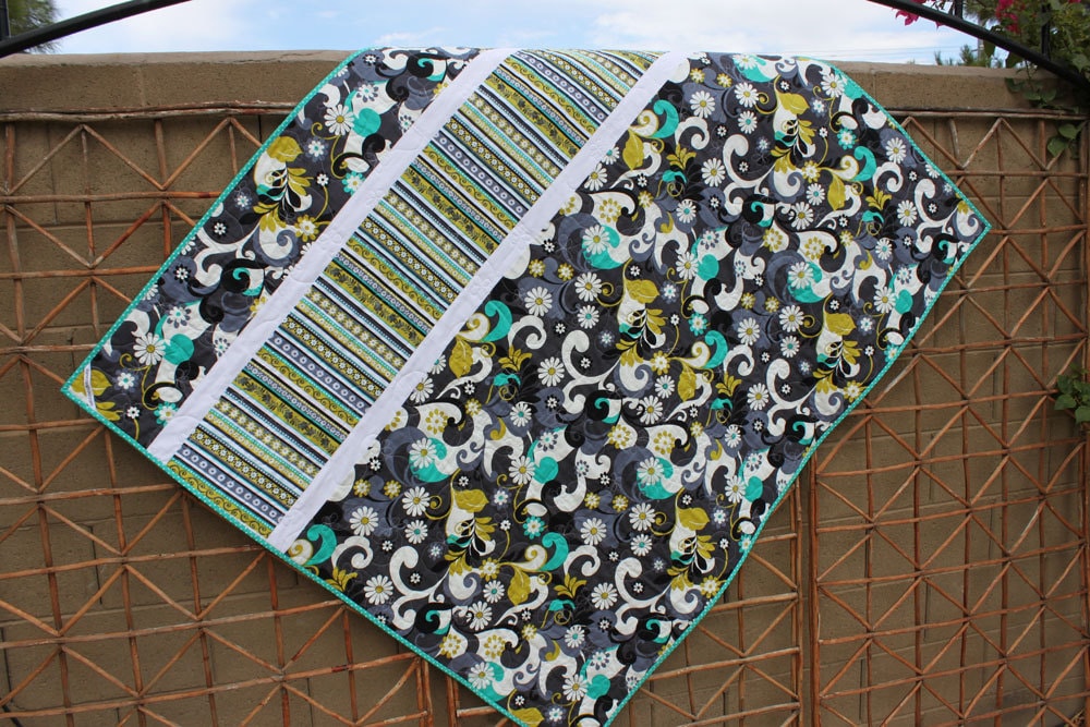 Garden Fence Quilt Lime Teal and Charcoal Gray Lap Couch