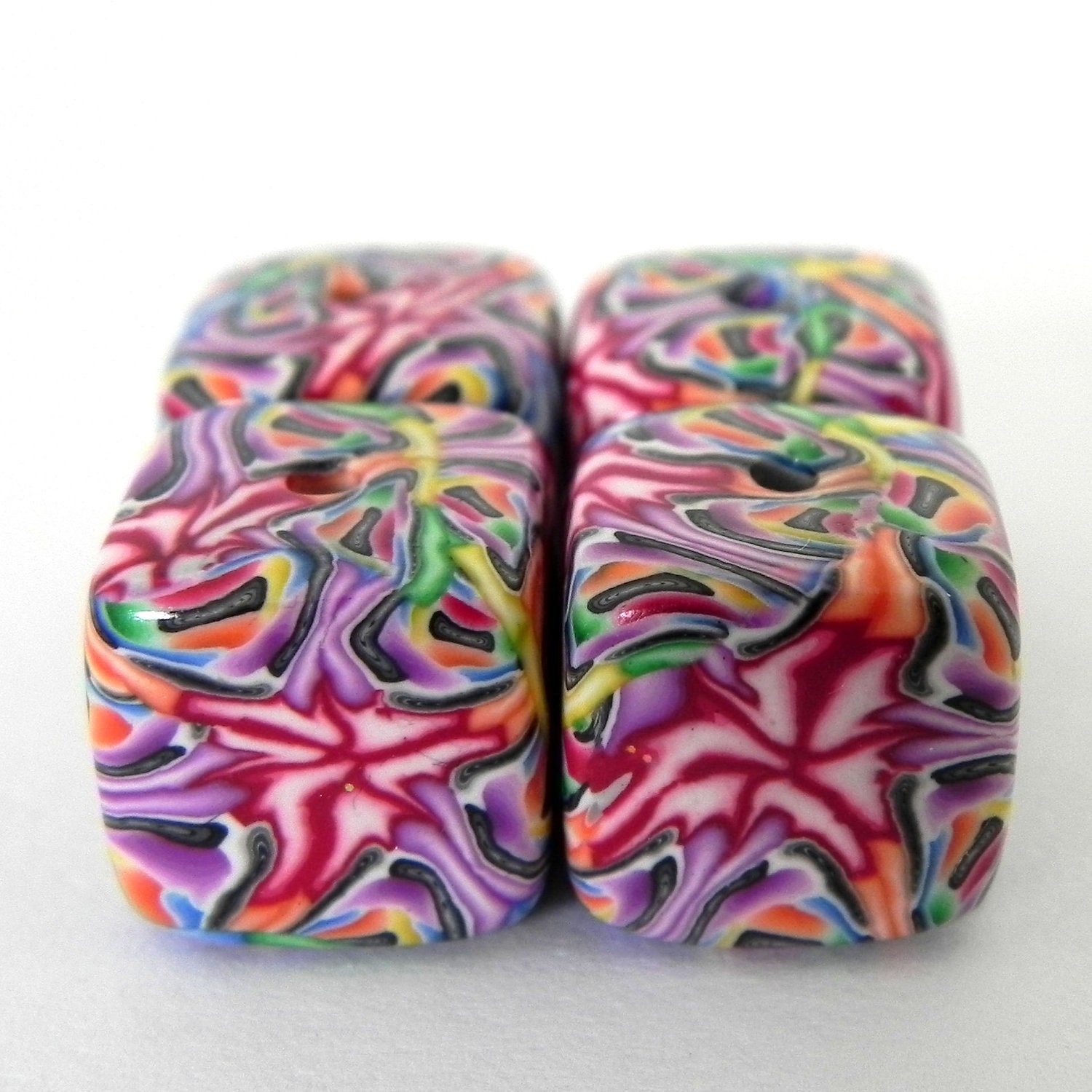 4 Rainbow Kaleidoscope Square Beads Handmade Polymer by LavaGifts
