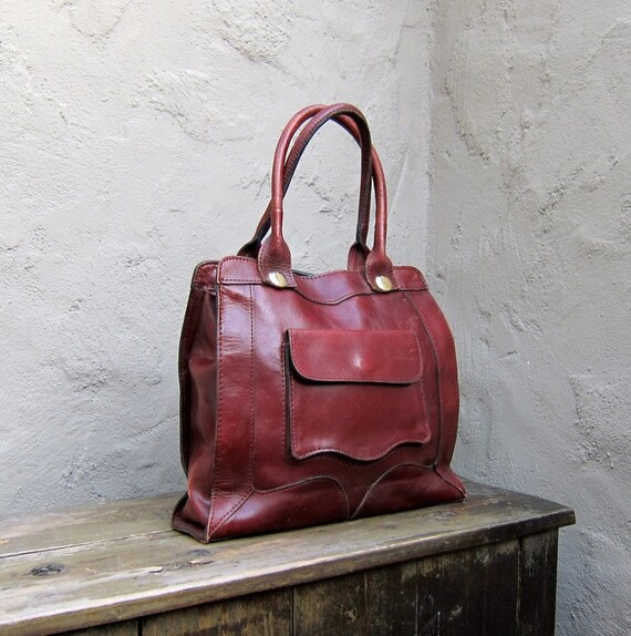 Vintage Rugged Wine Leather Handbag Purse by Trustfund21 on Etsy