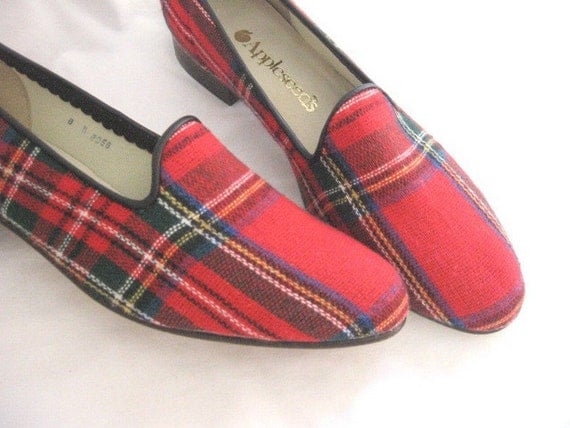Vintage 70s Red Tartan Green Plaid Never Worn Loafer Shoes 8 N