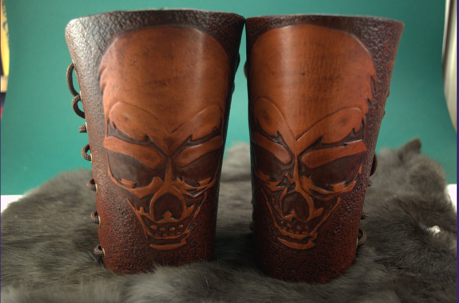 Hand Tooled lace up Skull Leather Bracer you pick color