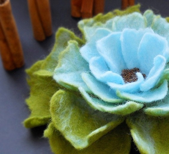 Aqua Apple Green Felt Flower Brooch Handmade to Order