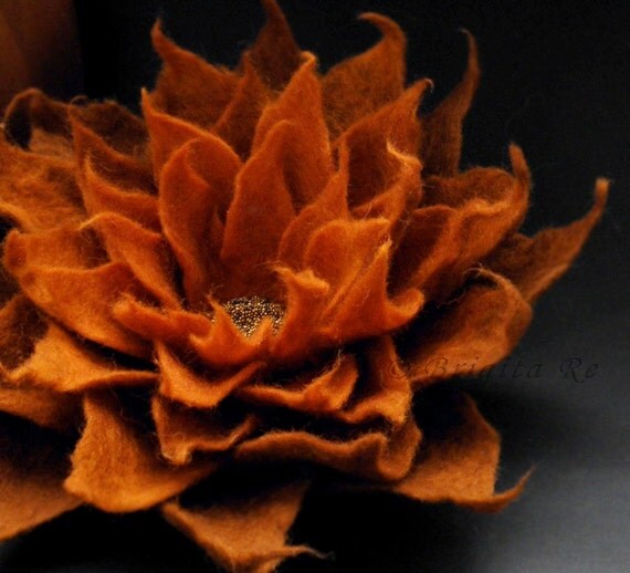 Red Orange and Rust Felt Flower Brooch Handmade to Order