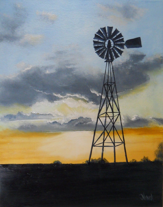 Windmill in the Sunset Original Oil Painting on 16 by WillowGroves