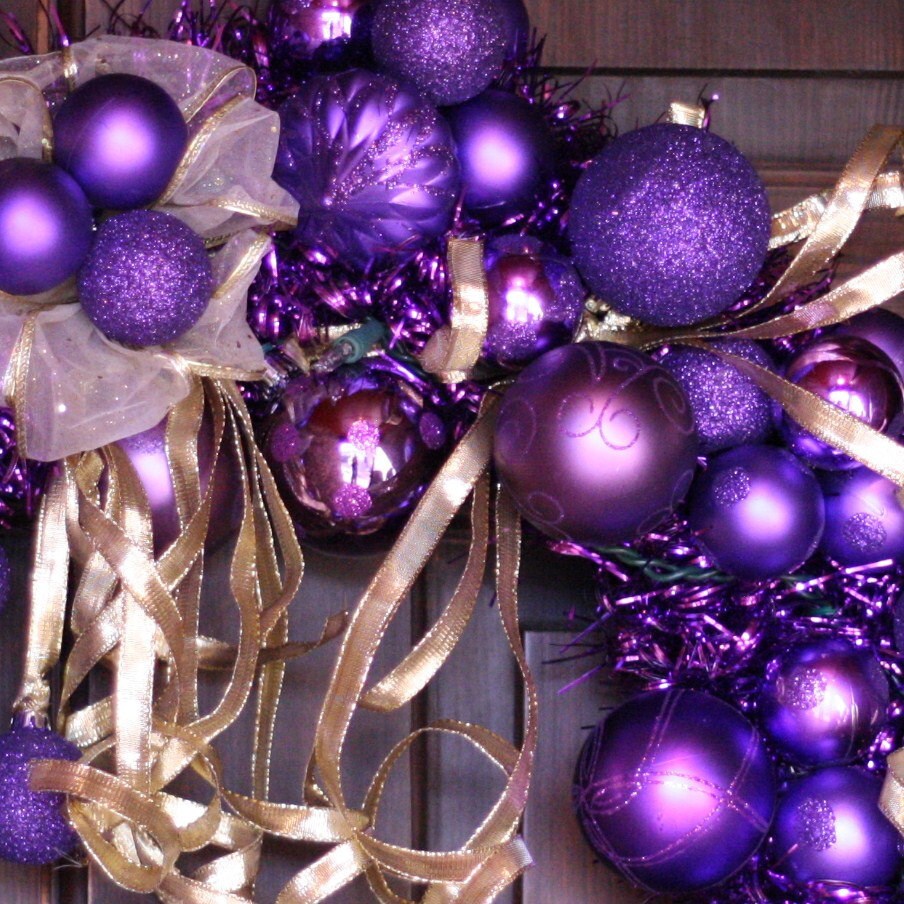 Purple and Gold Christmas Wreath with White Lights Holiday