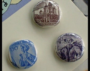 Austrian 1inch Pinback Button trio 1955-58 Vintage Postage Stamps