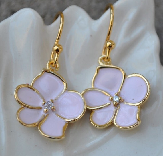 Earrings Pink sakura cherry blossom gold 14k
