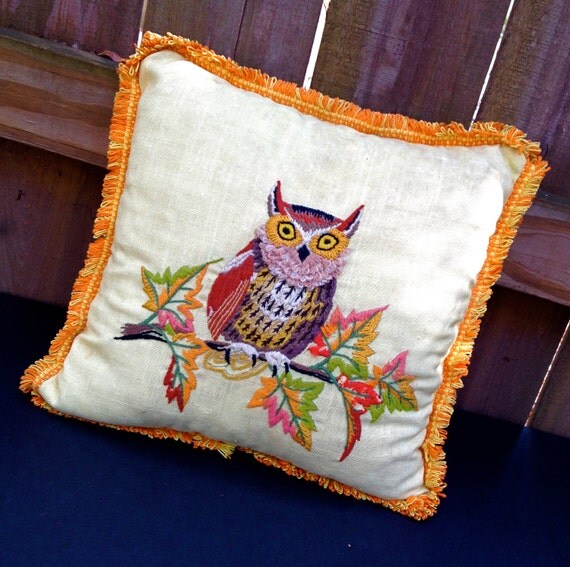 vintage 1960s embroidered owl throw pillow by mkmack on Etsy