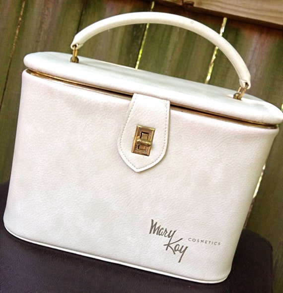 vintage makeup case ivory leather Mary Kay travel luggage
