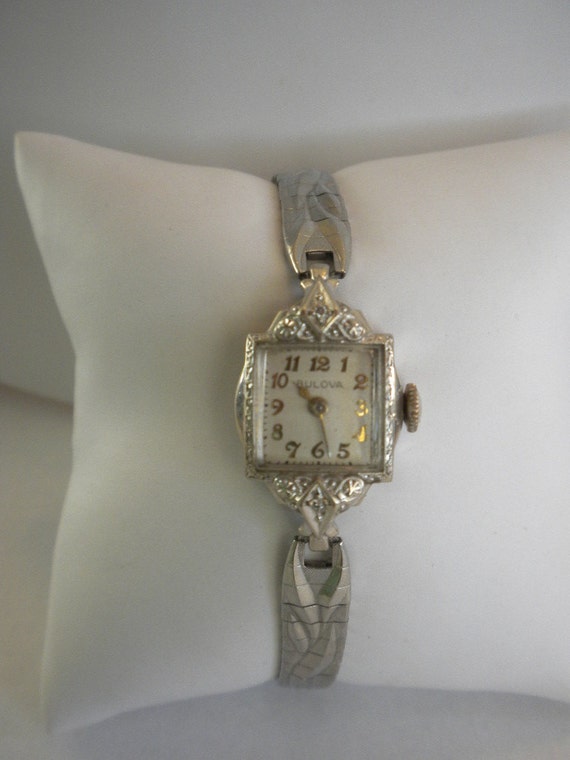 Vintage Bulova 10K White Gold Filled Ladies Watch Wind by ccalsun