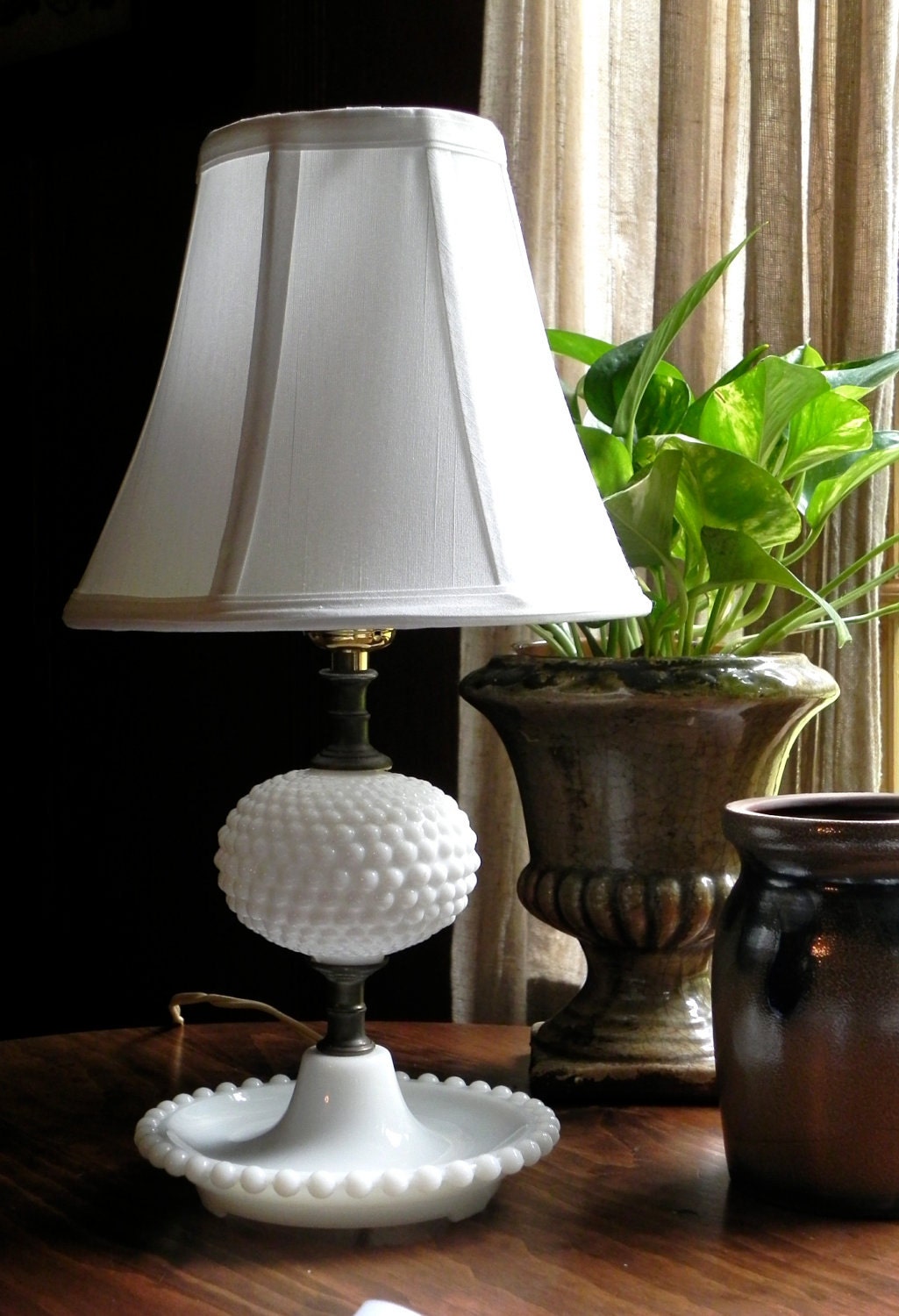 Vintage Milk Glass Hobnail Table Lamp With New Silk Bell Shade