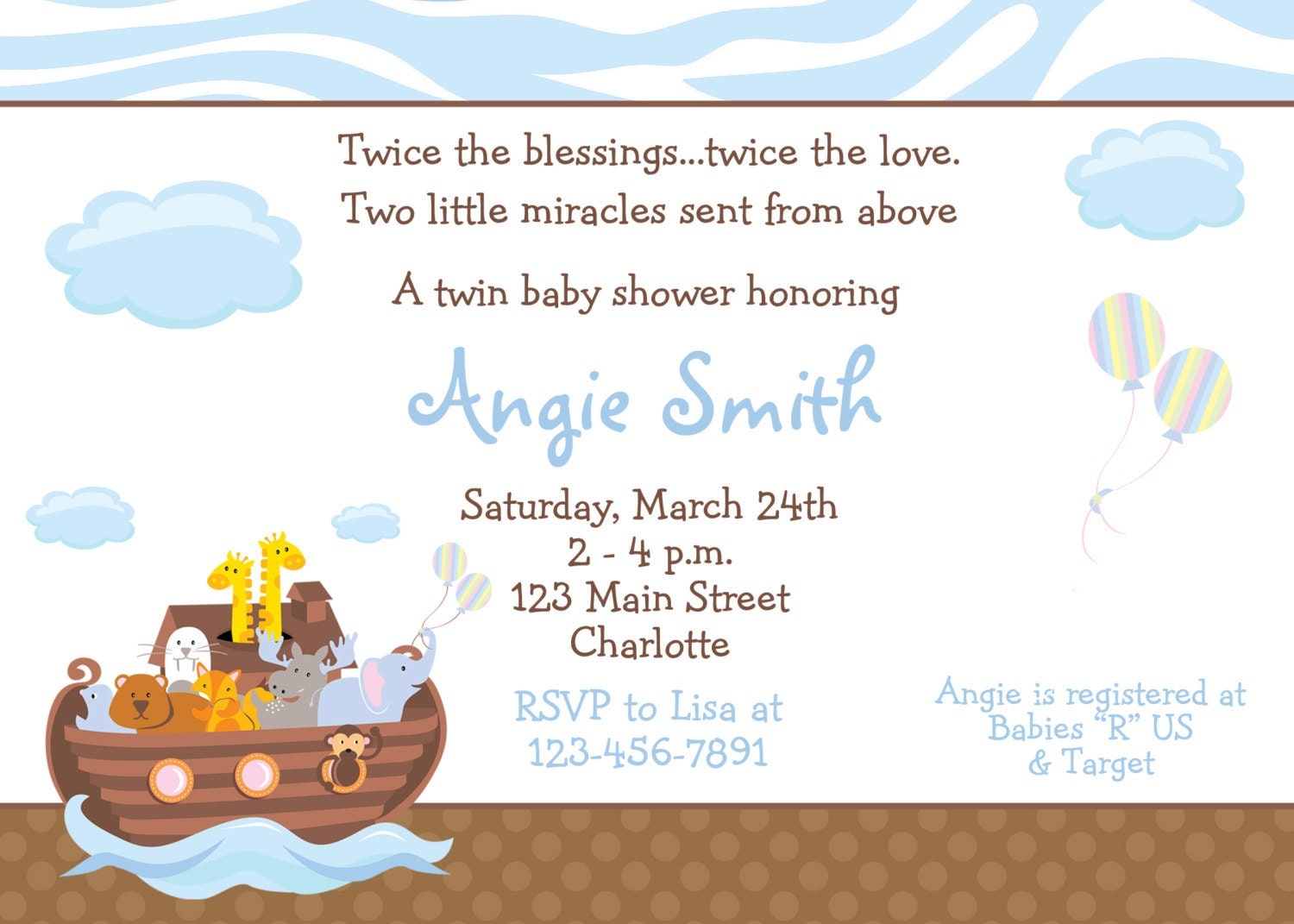 Noah39;s Ark Baby shower invitation twins baby shower