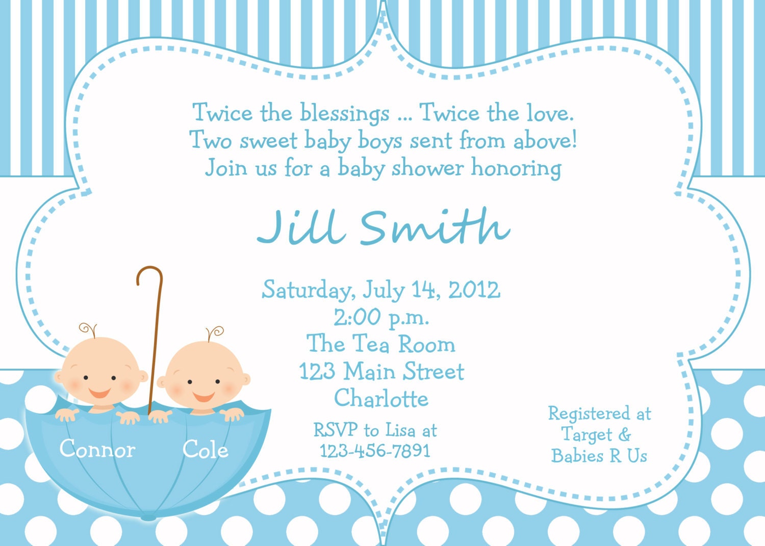 Twin Baby boys shower invitation twins shower blue polka