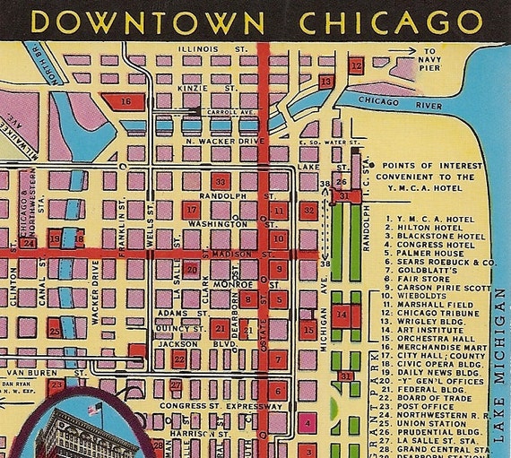 Vintage Chicago Map Postcard Downtown Chicago Ymca Hotel 4036