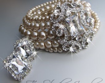 Multi Strand Pearl Cuff Bridal Bracelet Haute Couture Bride Wedding Jewelry - ANITA