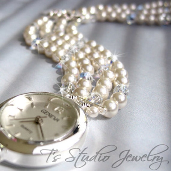 Pearl Bracelet Watch Multi Strand with Swarovski Crystals