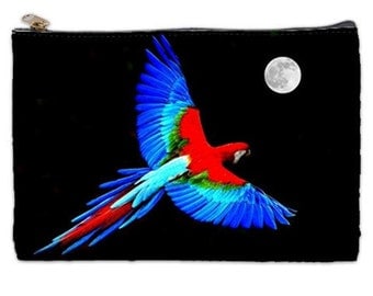 Parrot Cosmetic Bag, red, blue parrot, full moon, tropical cosmetic makeup bag, parrot makeup bag, parrot cosmetic makeup bag