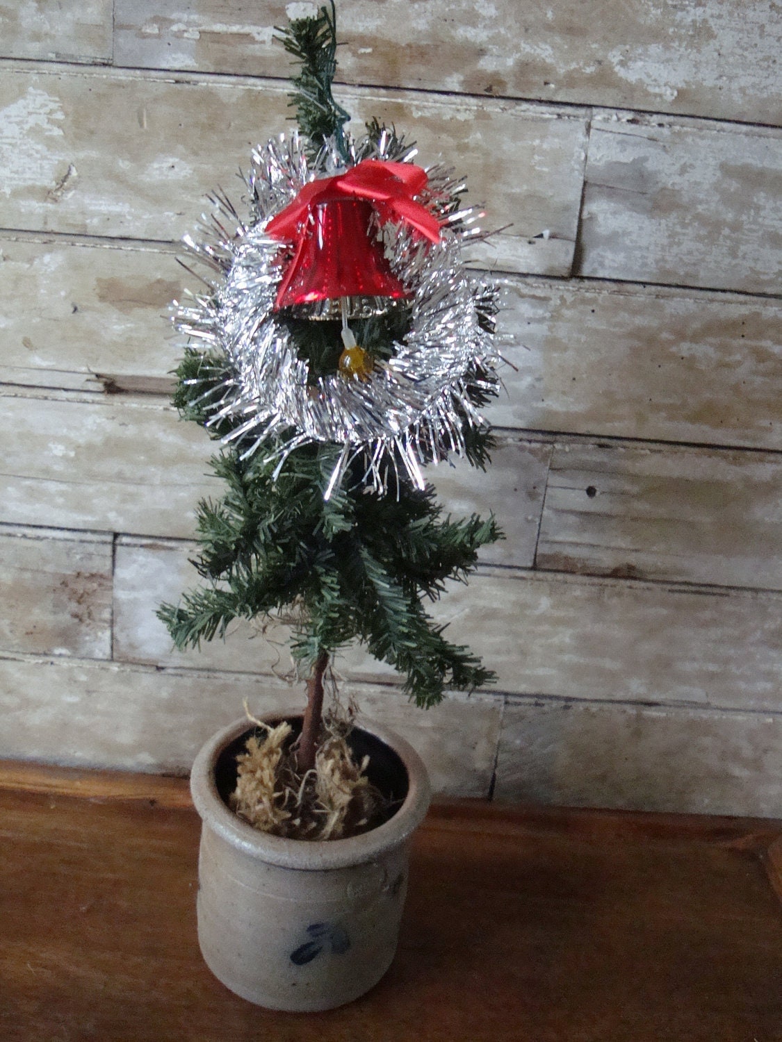 Vintage Christmas Tinsel Wreath With Plastic Red Bell