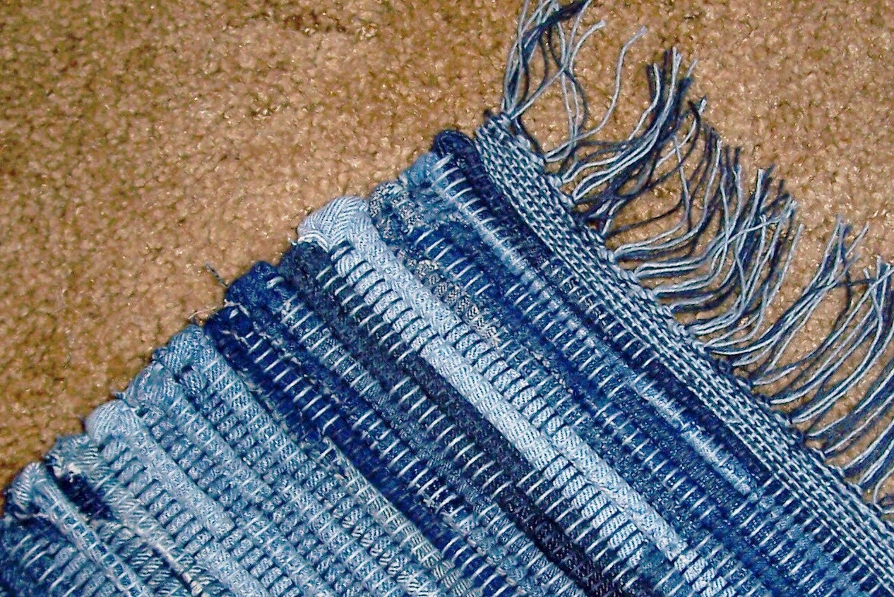 Loom woven rag rug recycled denim 5 ft long by BackPorchCountry