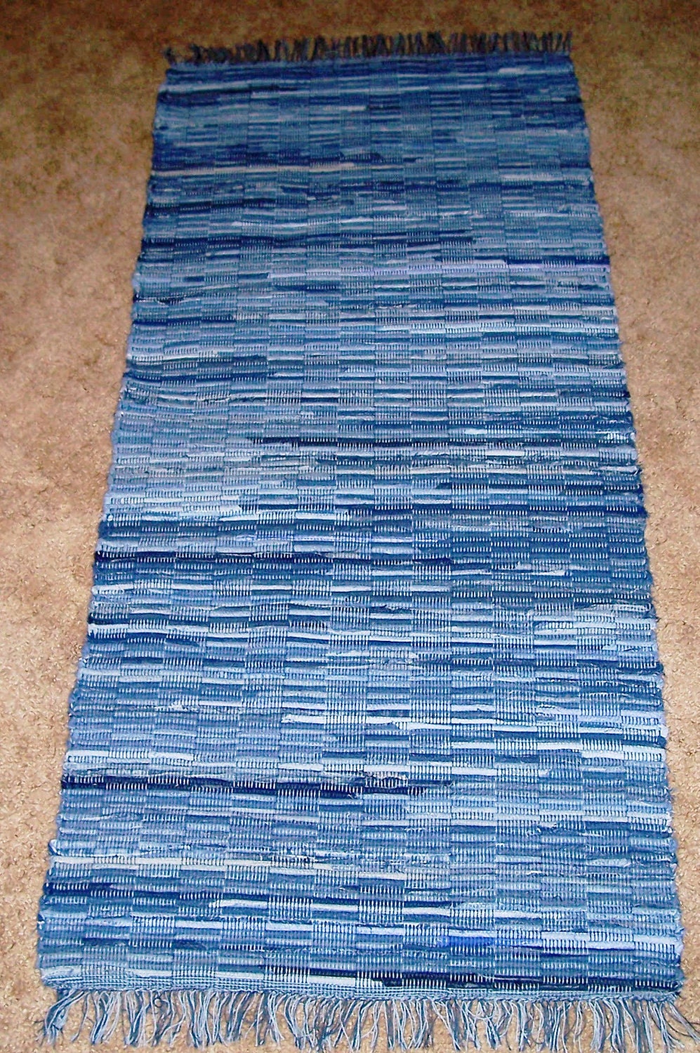Woven rag rug recycled denim 6 ft X 28 in made in USA