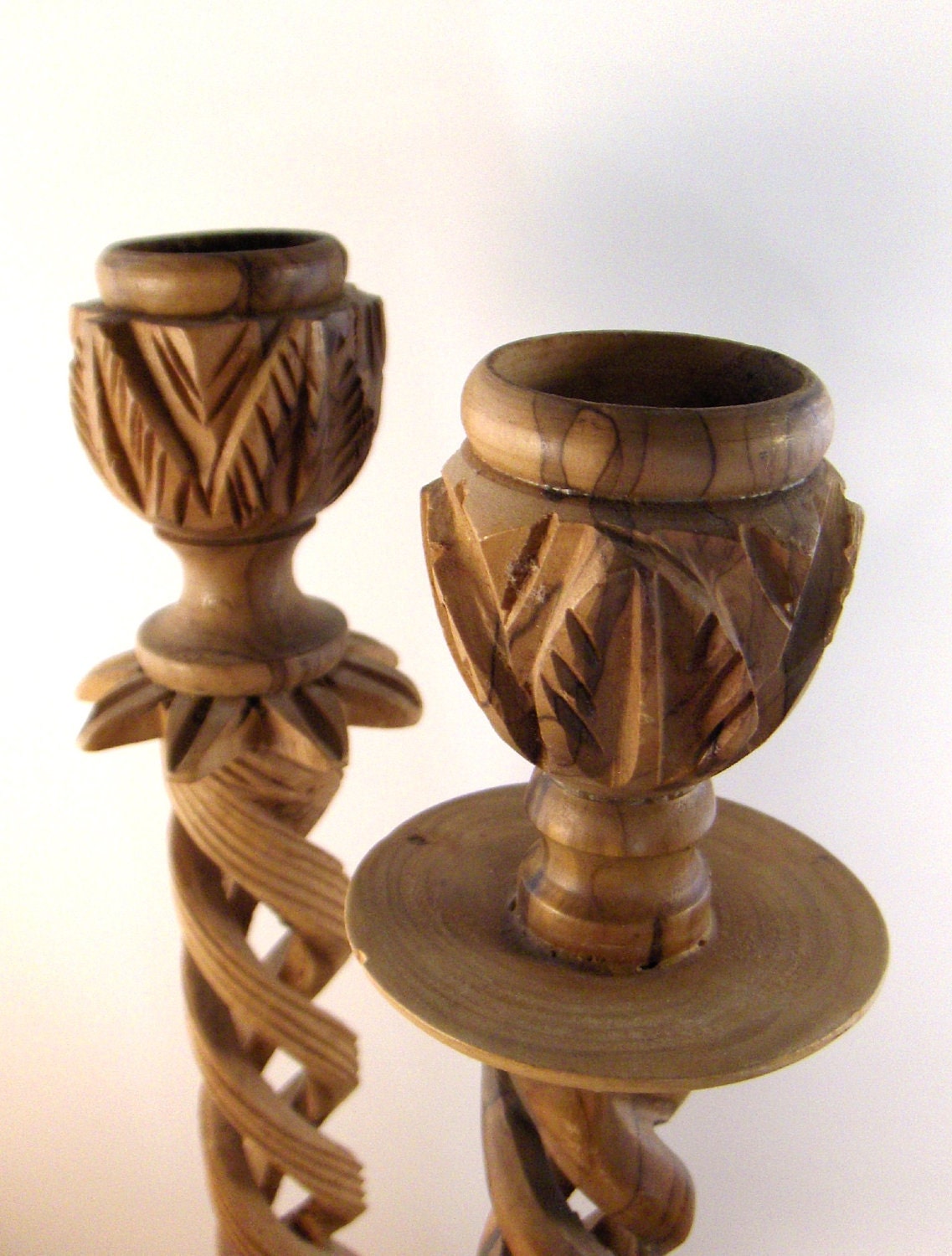 Vintage Candlesticks Carved Wood Two Different