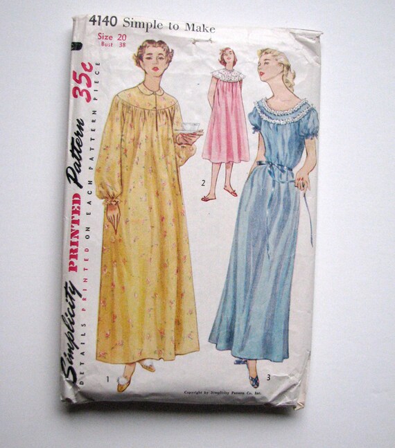 Vintage Nightgown Pattern 50s Sleepwear Pattern Gathered