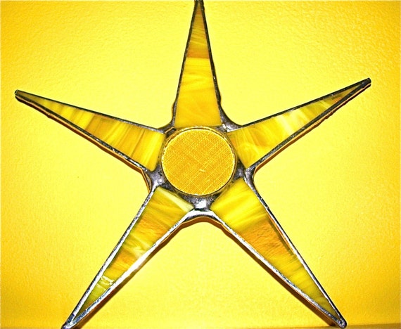 Sunshine from a Star 8 inch yellow stained glass with lacquered fabric center. Happy Sunshine yellow