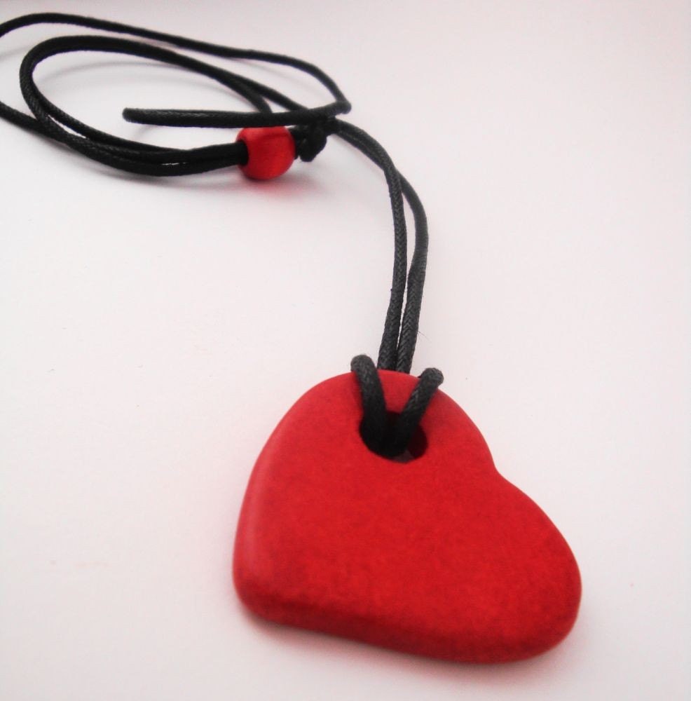 Valentine's Red Ceramic Heart Necklace with red wooden